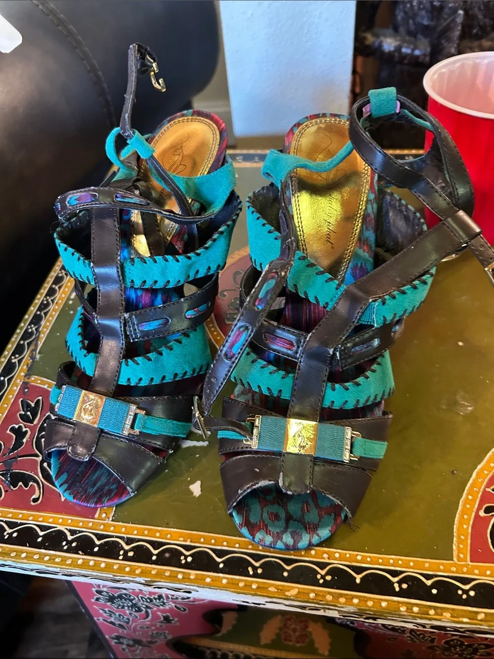Baby Phat Teal and Black Strappy High Heel Sandals